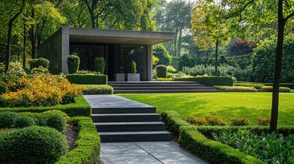 Obraz premium Modern Architectural Structure Surrounded by Lush Green Gardens