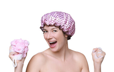 Woman with shower cap and mesh sponge on white background