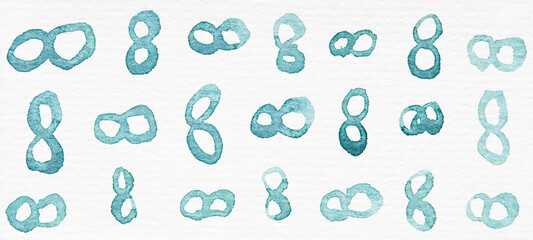 Abstract watercolor patterns of green infinity symbols on white background for modern artistic design.