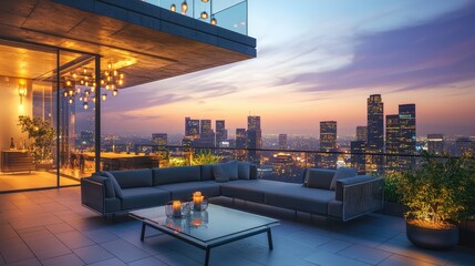Stylish modern rooftop terrace with city skyline at sunset