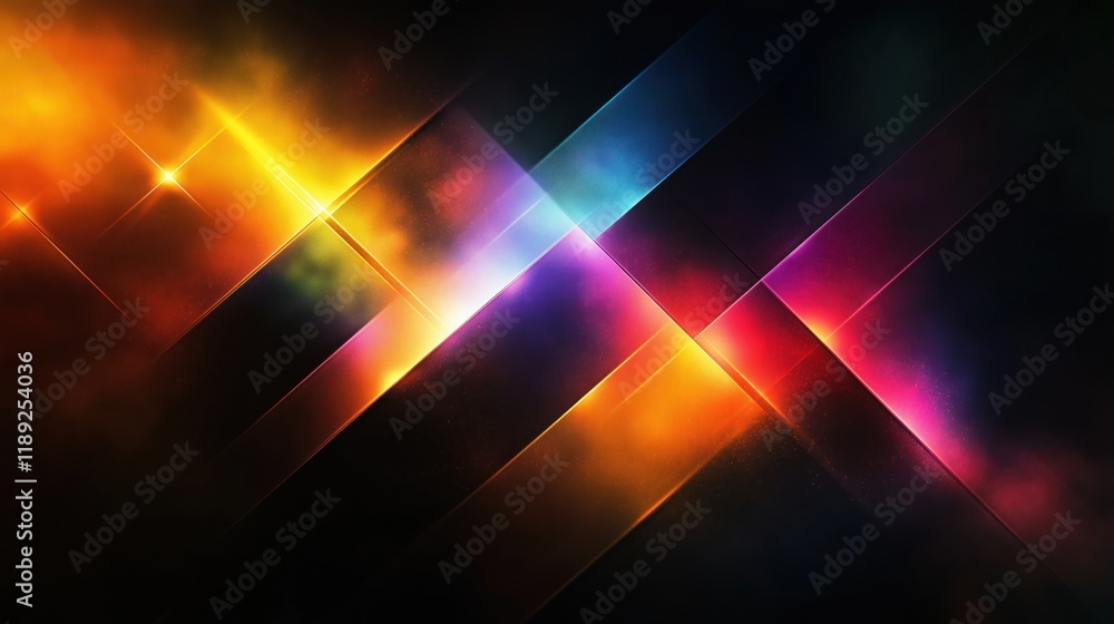 Poster abstract illustration shows colorful light reflections on black background. geometric shapes create 