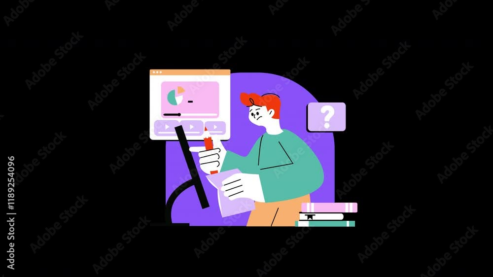 Poster a young man of european descent working on a computer while studying data analysis in a creative fla