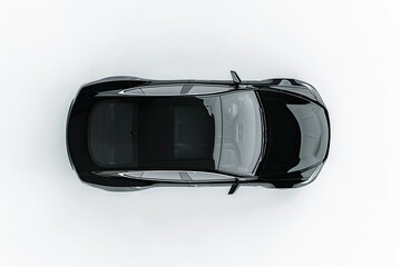 High Quality Picture of Black Sedan Car Above Top Drone View Isolated on White Background