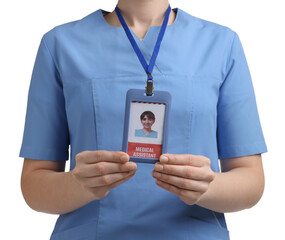 Medical assistant with badge on white background, closeup