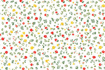 A seamless floral pattern with small red, yellow, and pink flowers scattered on a white background, creating a vintage and delicate design.