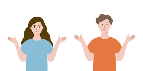Fototapeta premium Confused woman and man raising hand. Problem solving, idea, challenge, decision making, brainstorm, solution concept. Flat people character vector design illustration.