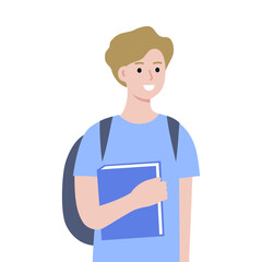 Happy teenager boy carrying backpack hand holding book. Student with textbook. Education, leisure, knowledge, learning concepts. Flat character vector design isolated illustration.