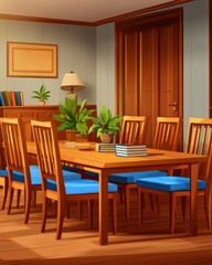 Obraz premium A cozy dining room featuring a wooden table, blue chairs, and potted plants.
