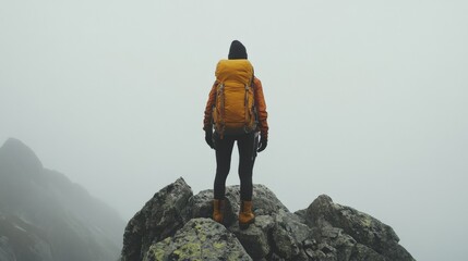 person with a large backpack standing on top of a rocky mountain in the fog