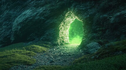 Enchanted Cave Entrance with Mysterious Green Light and Rocks