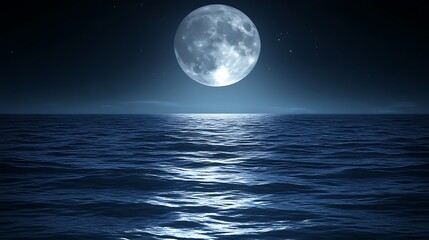 Full Moon Over Dark Ocean Waves At Night