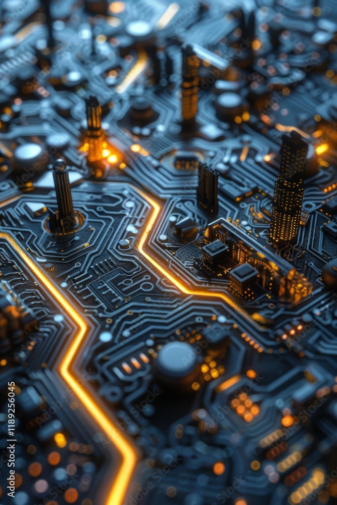 Poster intricate computer chip pathways illuminated in macro view technology environment high-tech perspect