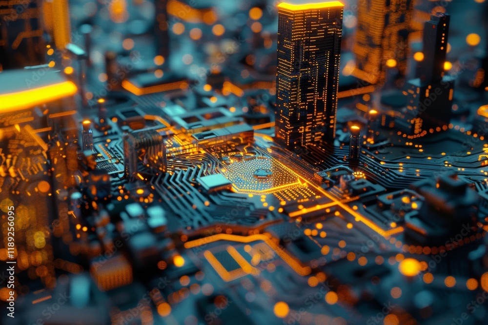Poster exploring the intricate pathways of a computer chip in a futuristic city a macro view of advanced te