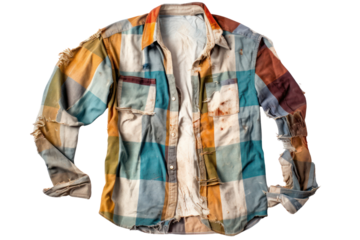 Ripped plaid flannel shirt with faded colors and shredded sections on the shoulders and elbows, showcasing a grunge look