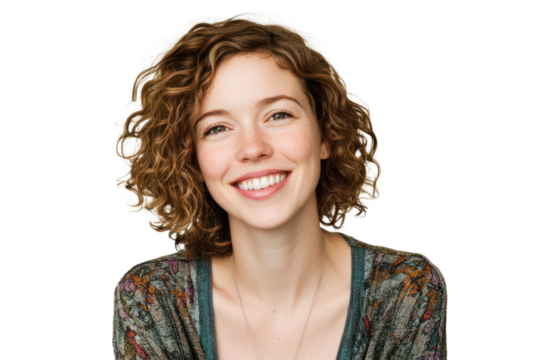 Portrait of a young woman with curly hair, casually dressed, smiling with a bright and friendly demeanor.