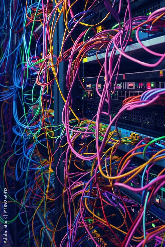 Poster colorful network cables tangle data center digital art tech environment close-up connectivity concep