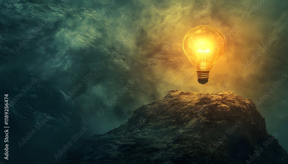 Poster a glowing light bulb suspended above a rocky underwater landscape, illuminating the dark depths with
