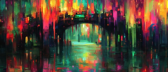 Fototapeta premium Vibrant abstract landscape with a colorful bridge reflecting in water.