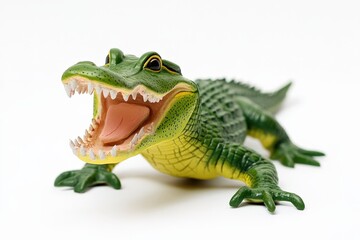 Close up of a green toy alligator with its mouth open on a white background