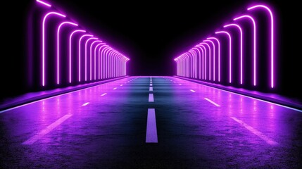 3D abstract glowing neon pathways twisting and turning through the dark background.