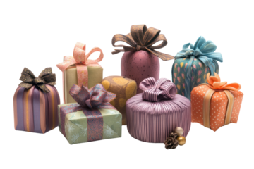 Several gift boxes of different shapes and colors arranged in a semi-circle, with ribbons and decorative elements, suggesting variety in present options.
