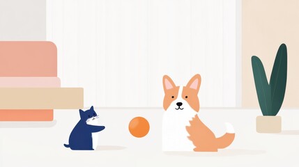 A playful cat and dog interact in a cozy living room setting with a bright orange ball.