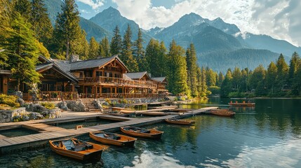 Naklejka premium Scenic View of Mountain Lodge by Calm Lake with Wooden Boats