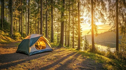 Fotobehang Sunset camping lake forest tent nature © Iswanto