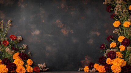 Autumn floral arrangement. Orange, burgundy flowers frame dark background. Dried flowers, leaves create rustic feel. Image evokes sense of fall celebration like Dia de los Muertos. Used for memorial