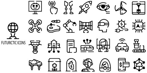 Futuristic simple concept 28 icons set. Contains such Templates for notes, posters, banners, stickers, business cards, logo .Vector illustration.