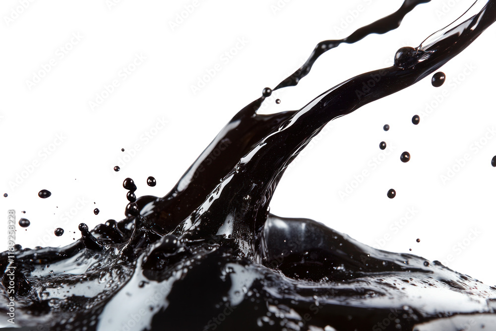 Poster stream of dark engine oil flowing smoothly from a tilted plastic container, creating dynamic splashe