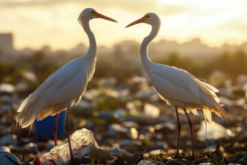 Naklejka premium Two elegant egrets standing gracefully in a polluted environment, showcasing the contrast between nature's beauty and human impact on wildlife, during a vibrant sunset.