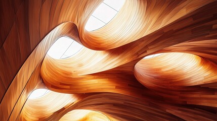 Wood and Light:  A mesmerizing abstract image of undulating wooden surfaces and a skylight that captures the light, creating a breathtaking interplay of texture, light, and form.