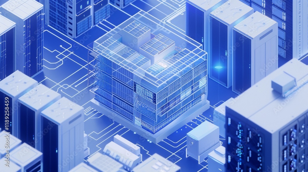 Poster isometric blueprint of a data center design urban environment digital artwork high-tech viewpoint