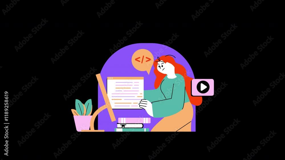 Aufkleber a european woman coding at her computer in a colorful workspace with plants and chat bubbles.