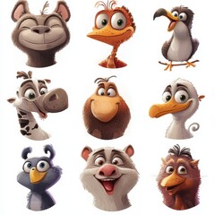 Fototapeta premium Nine Happy Cartoon Animal Faces Smiling Cheerfully