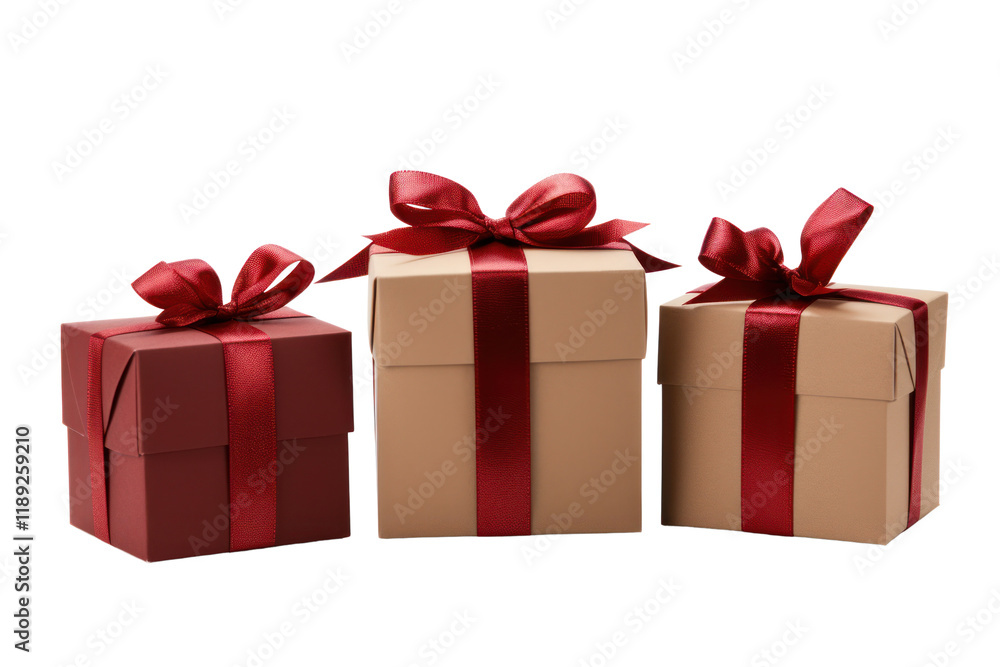 Poster three gift boxes of different shapes arranged in a row, each tied with a red ribbon and bow.