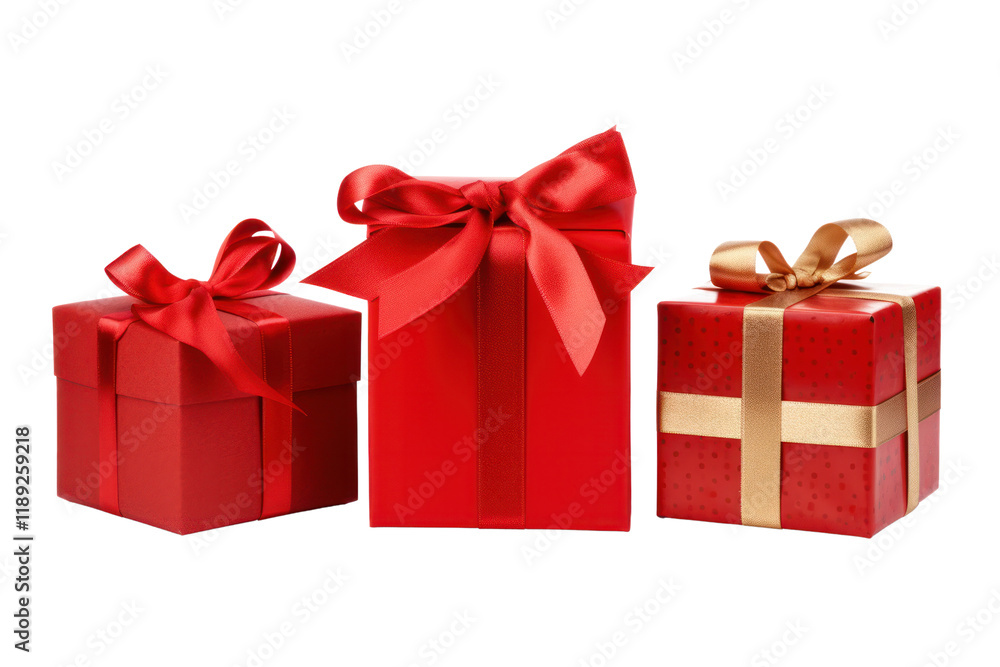 Poster three gift boxes of different shapes arranged in a row, each tied with a red ribbon and bow.