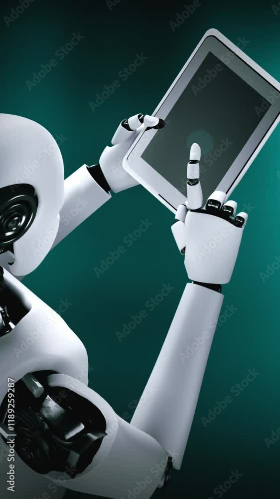 Poster robot hominoid using tablet computer for big data analytic using ai thinking brain , artificial inte