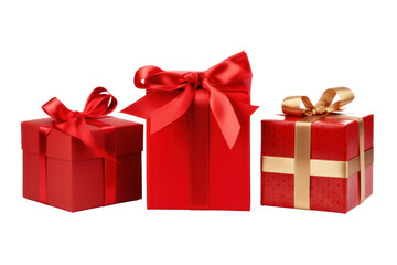 Obraz premium Three gift boxes of different shapes arranged in a row, each tied with a red ribbon and bow.