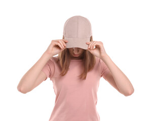 Woman in stylish baseball cap on white background. Mockup for design