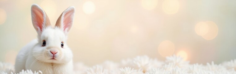 Obraz premium Cute white rabbit with large ears and pink nose sitting on a soft, fluffy carpet. Easter, spring, background with copy space