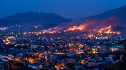 Dramatic panoramic view of a forest fire endangering a thriving urban cityscape nearby