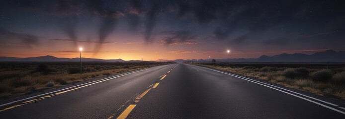 Fototapeta premium Nighttime landscape of a long asphalt road with a distant horizon, vastness, roadscape