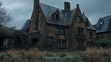 Abandoned stone house overgrown with plants, decaying facade under a gloomy sky.
