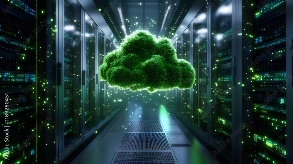 Poster green cloud computing data center server room.