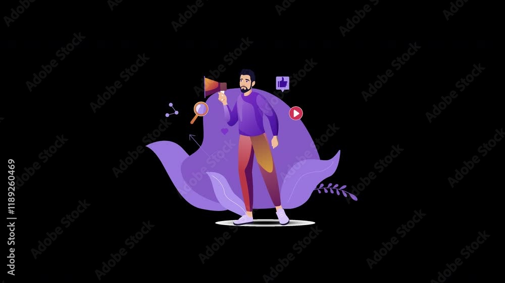 Poster a man with a beard in purple attire holding a megaphone in front of a large flower design, represent