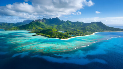 Fototapeta premium Tropical Island Paradise: An Aerial View of a Secluded Beach and Lush Mountains