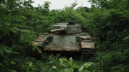 Abandoned tank camouflaged in dense jungle foliage.