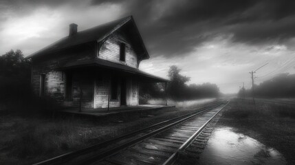 Abandoned train station in a gloomy landscape.